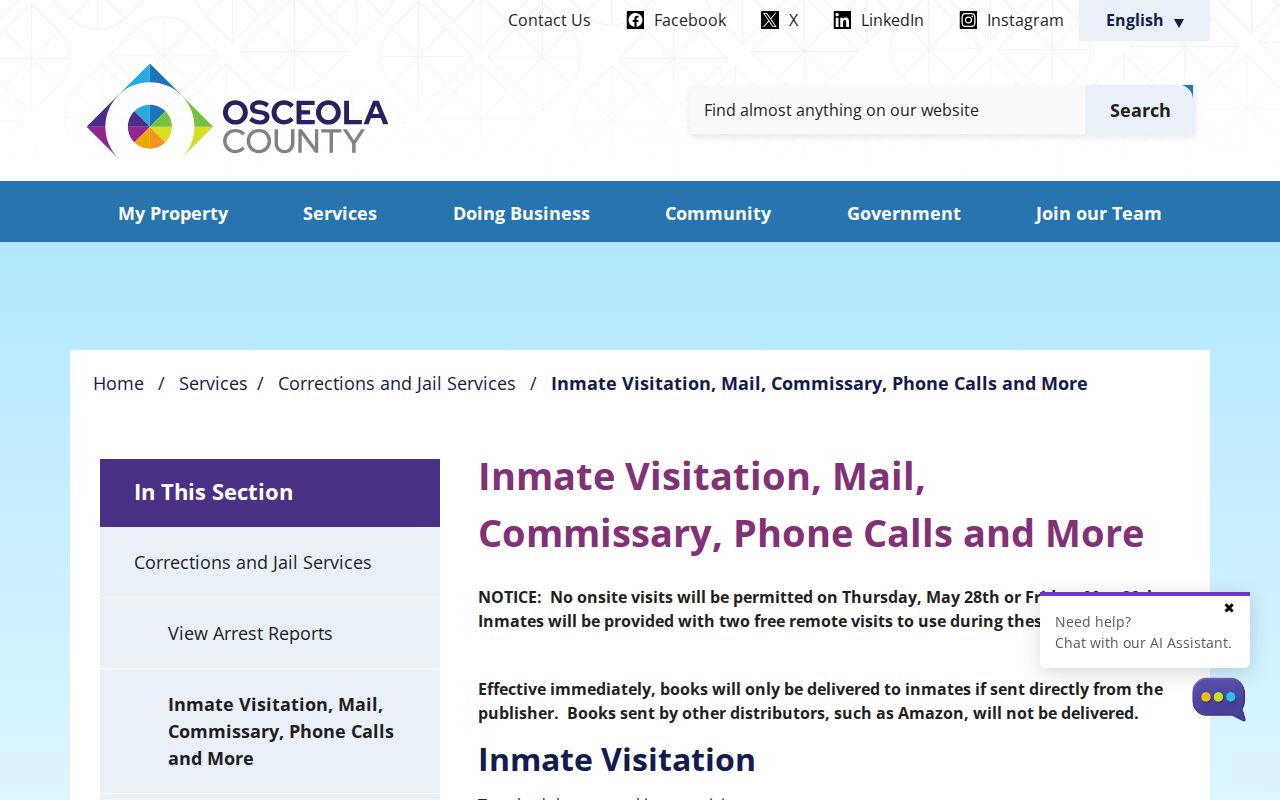 Osceola County criminal history jail visitation information